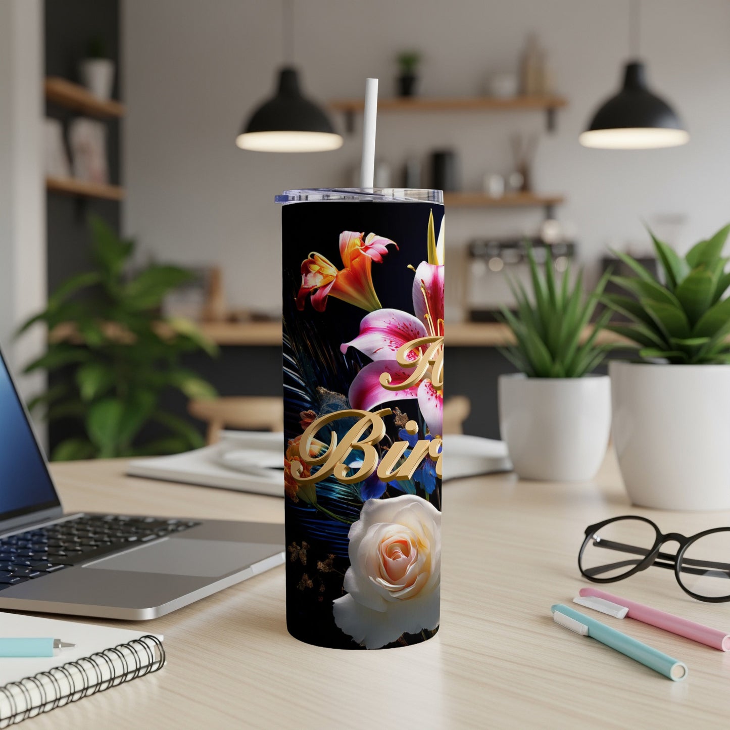 Black tumbler with pink lilies and a white rose, "Happy Birthday" text.