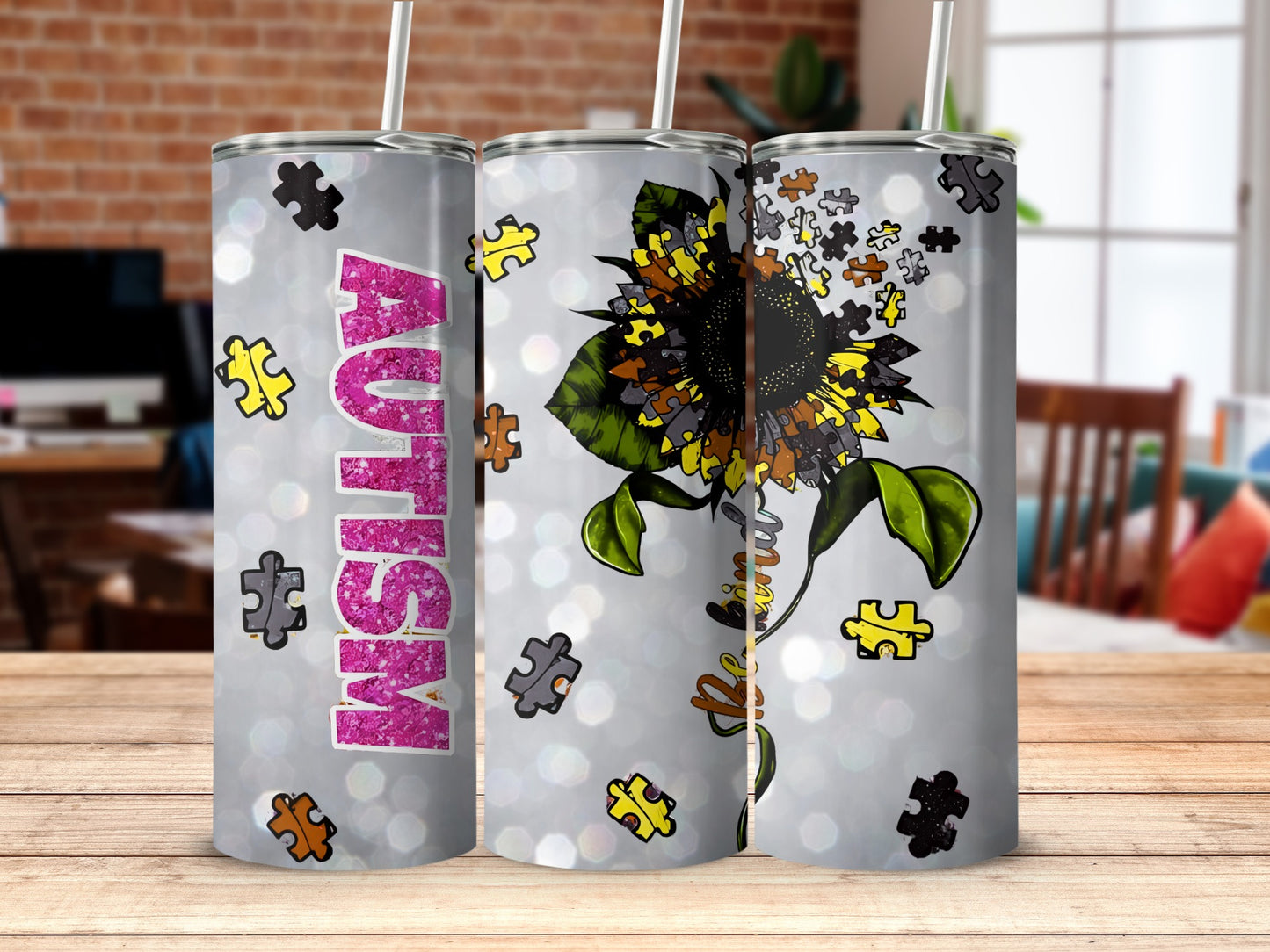 Autism Sunflower Puzzle Pieces Design Drinkware