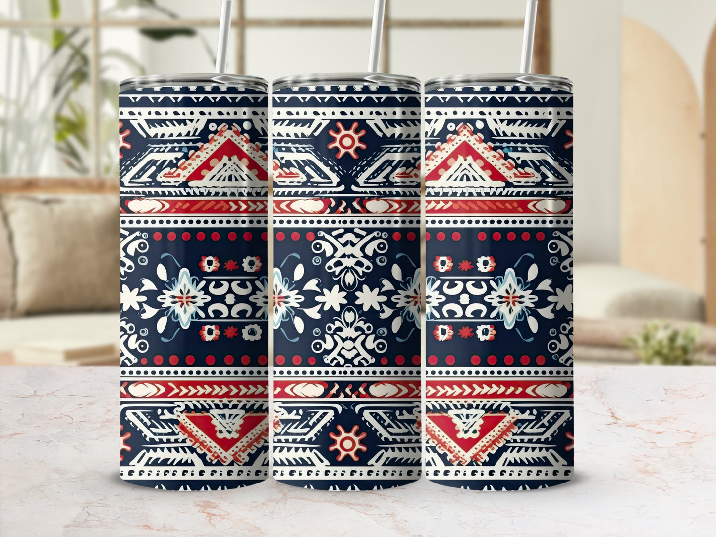 Aztec Pattern Travel Tumbler with Lid and Straw Cup