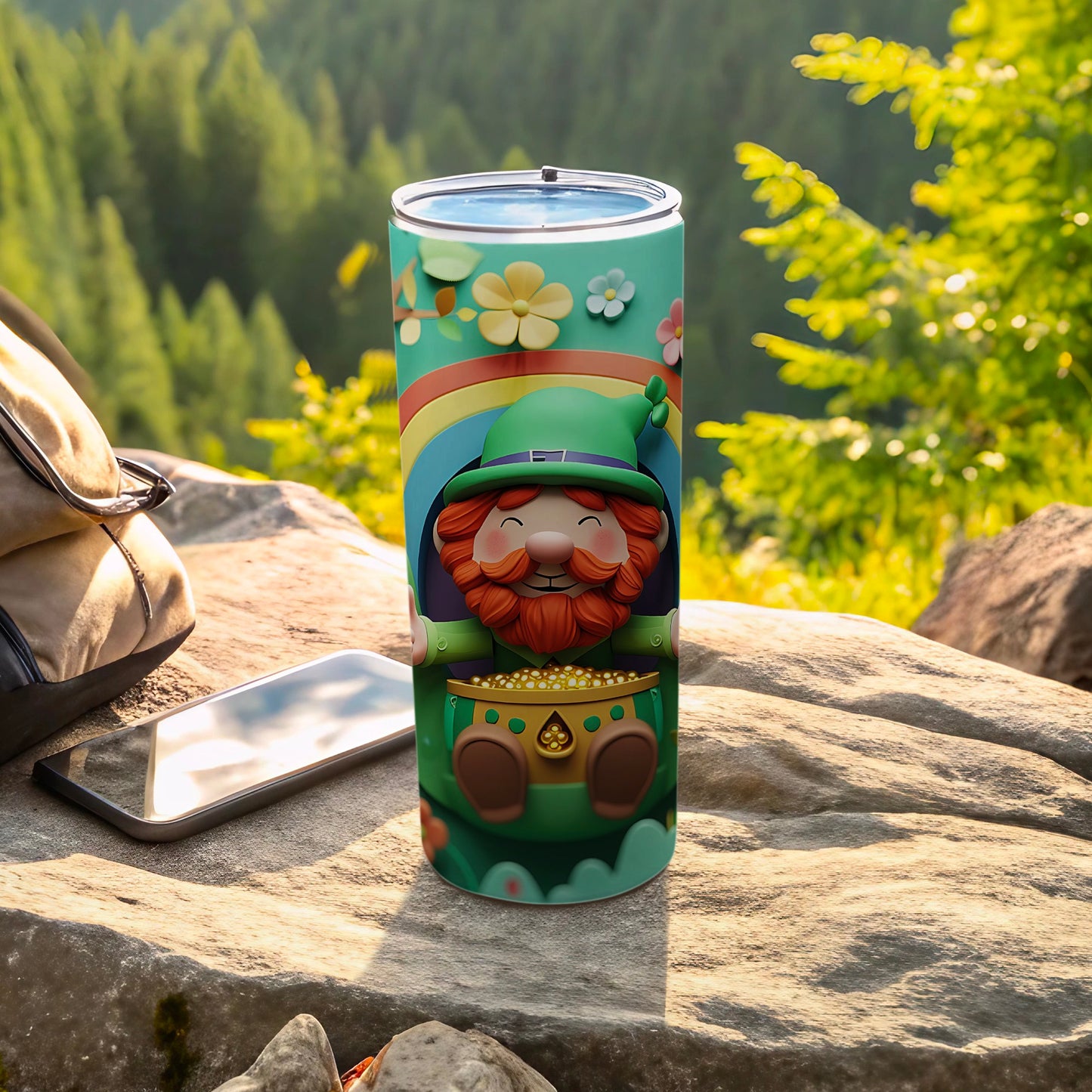 Green tumbler with a St. Patrick's Day leprechaun design.