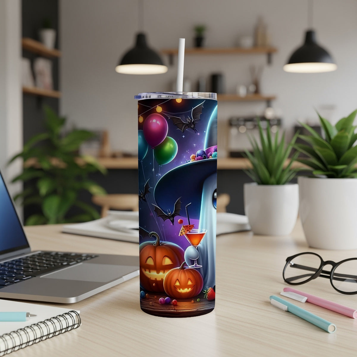Halloween tumbler with ghost, pumpkins, bats, balloons, and cocktail.
