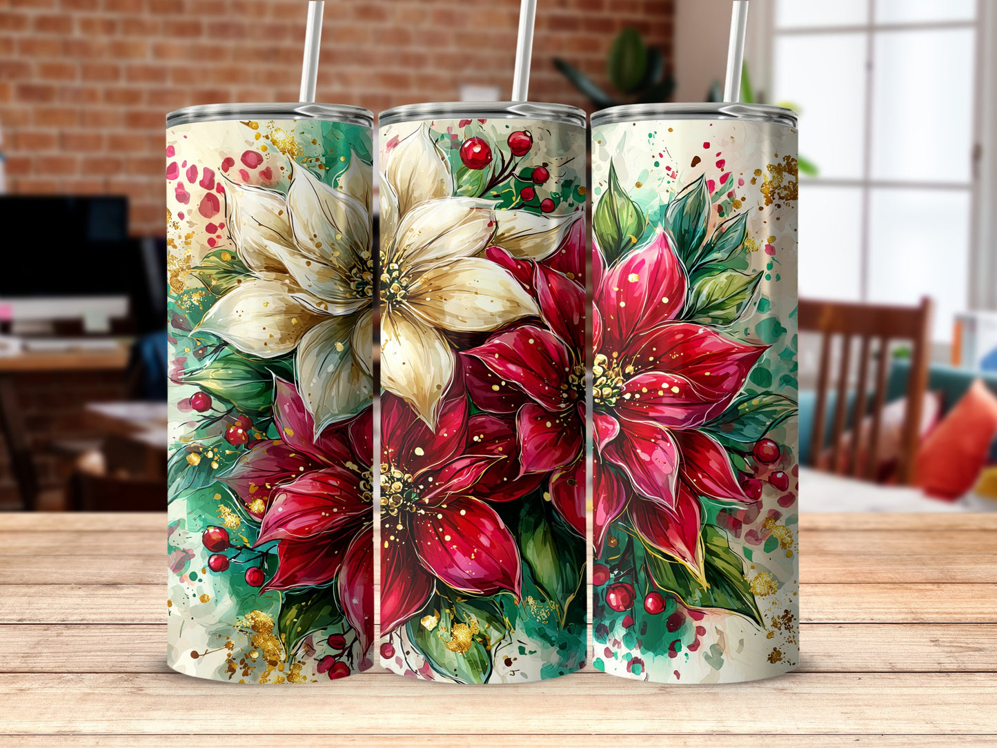 Festive Floral Tumblers with Colorful Poinsettias Design