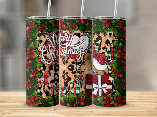 Christmas tumbler with leopard print, poinsettias, and Santa dog holding gift.