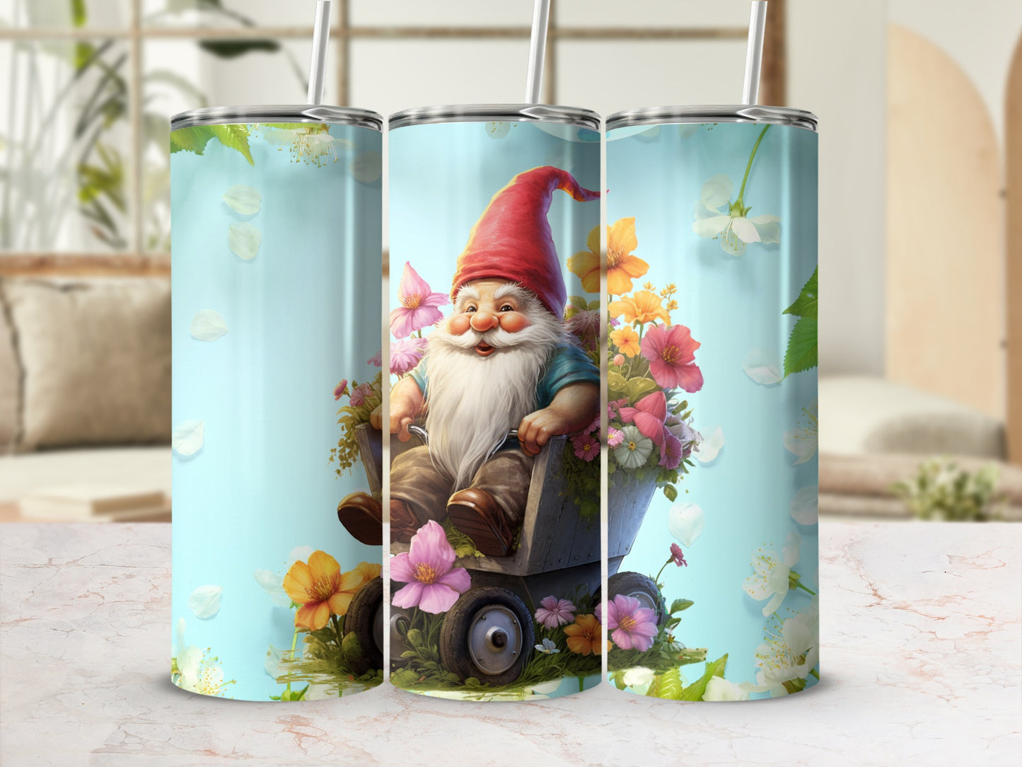 Colorful Gnome and Flowers Design Insulated Tumbler