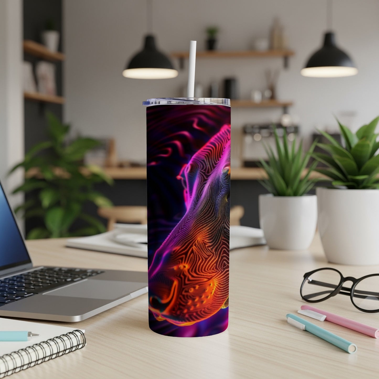 Abstract geometric pattern in neon orange, purple, and blue on a tall tumbler.