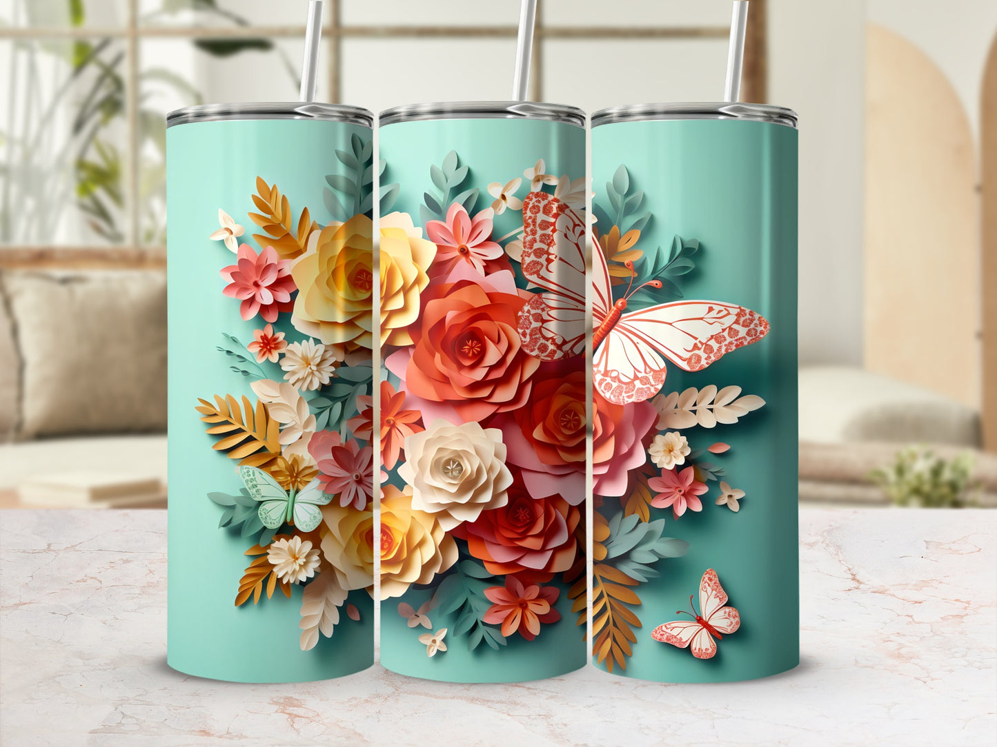 Vibrant Floral and Butterfly Design Tumbler Cup