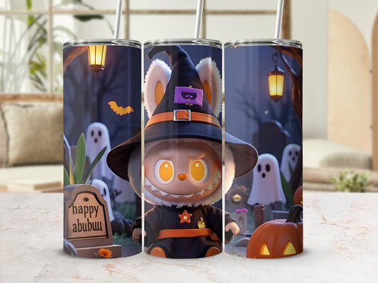 Halloween Cat Witch Themed Tumbler with Cute Ghosts Scene