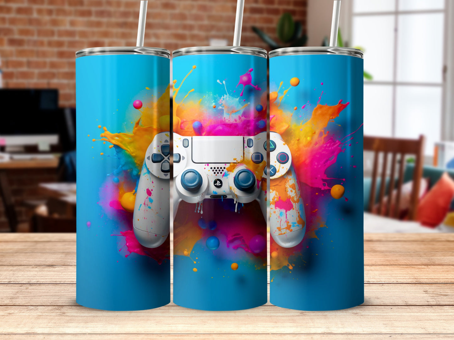 Vibrant Gaming Controller Splash Design Tumbler