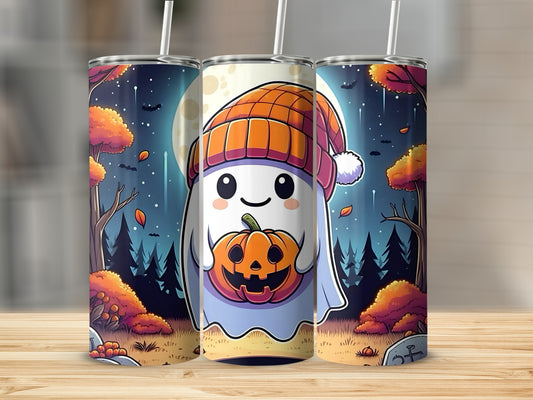 Three tumblers featuring a cute ghost holding a jack-o'-lantern on a moonlit night.