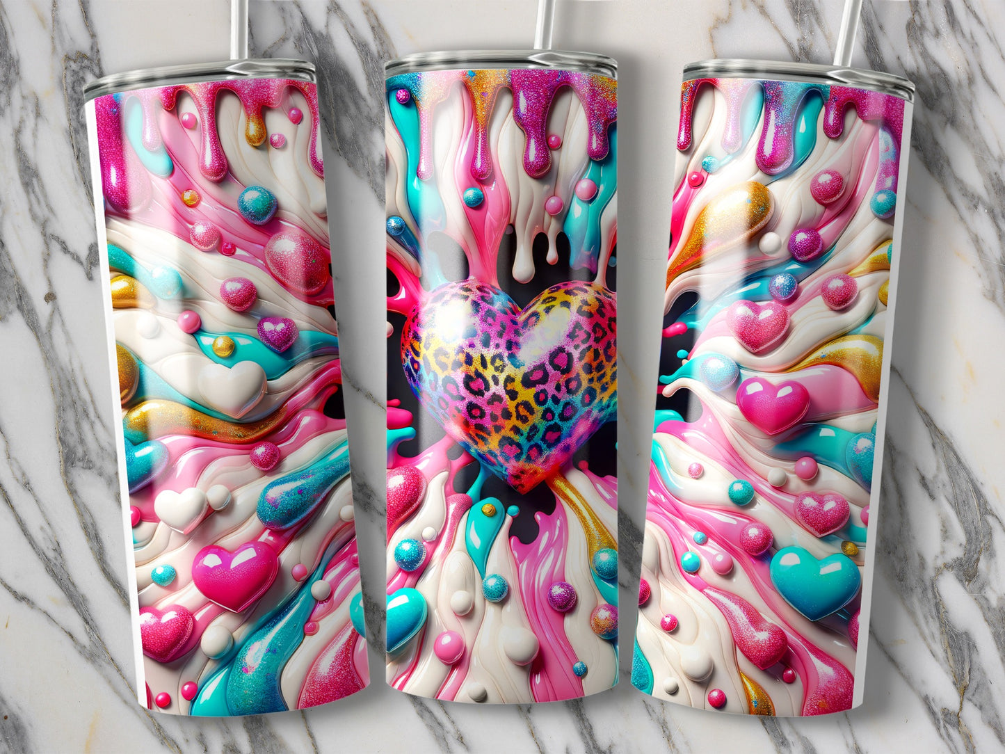 Heart Burst Colorful Drip Hearts Leopard Heart Tumblers