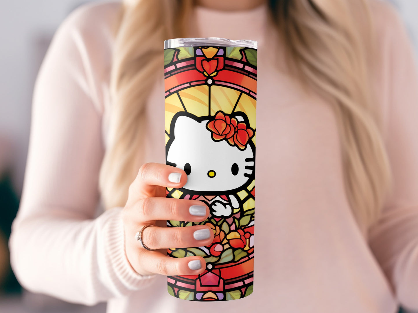 Colorful Hello Kitty Stained Glass Travel Mug