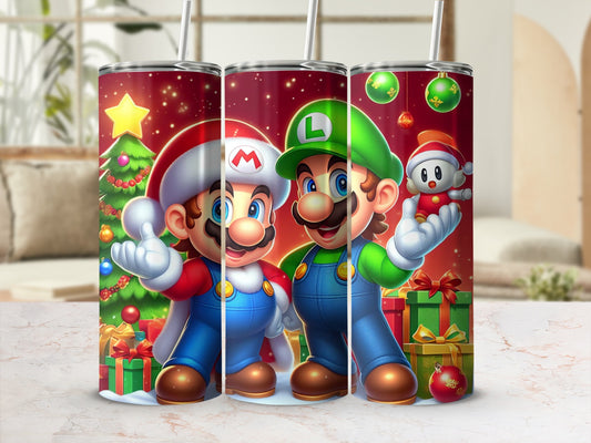 Festive Holiday Mario and Luigi Stainless Steel Tumbler