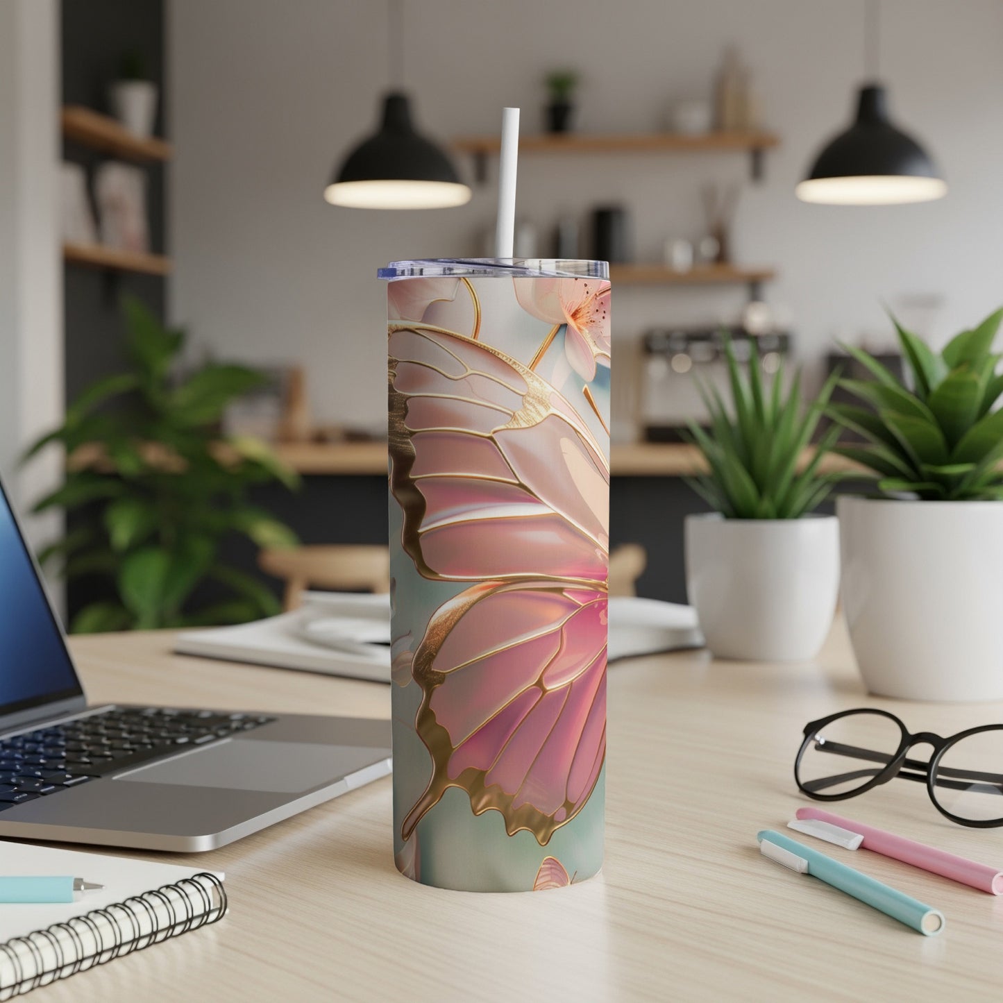 Tall tumbler with a large iridescent butterfly wing design.