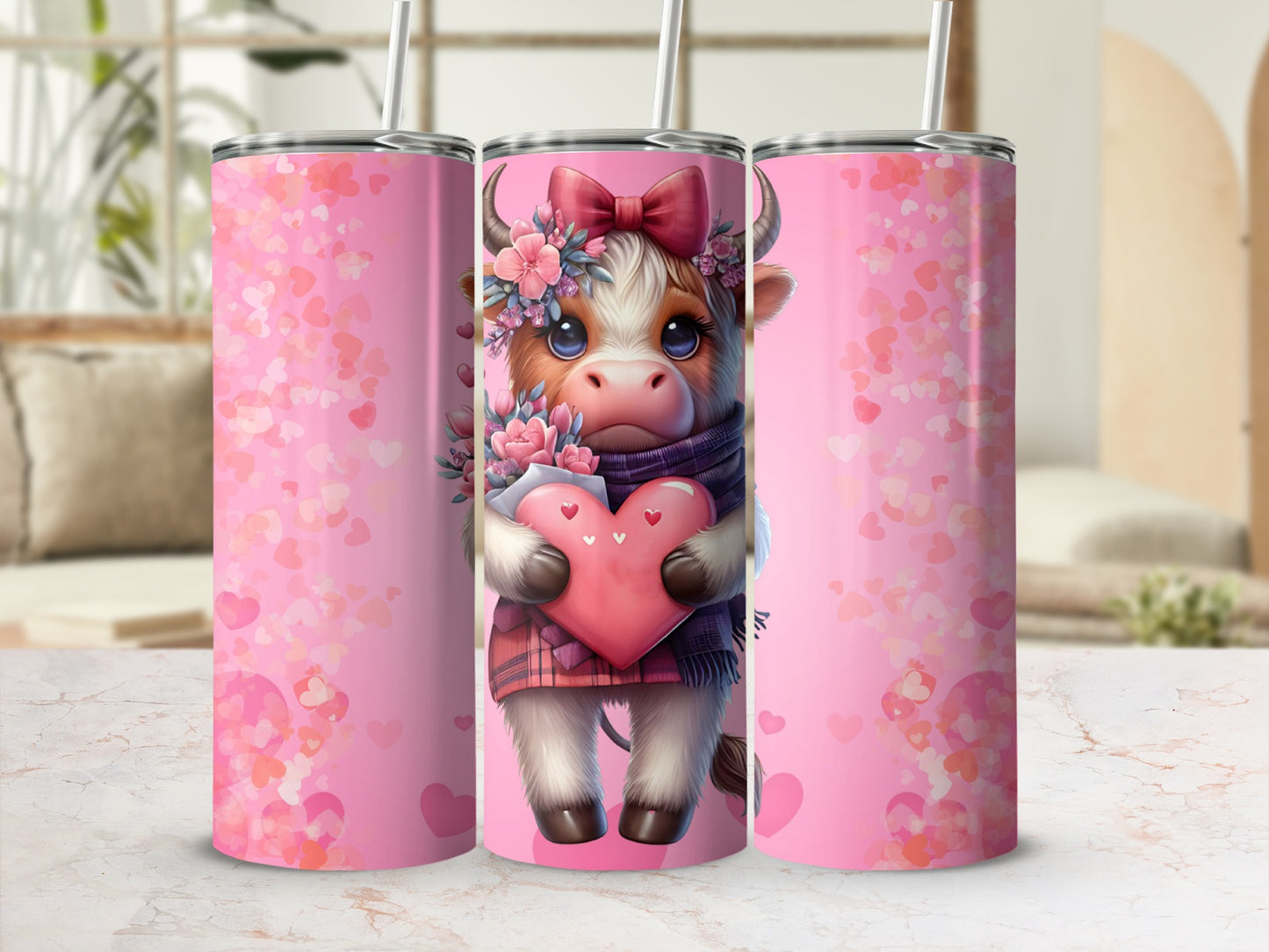 Cute Pink Cow Hugging Heart Design Tumbler Product