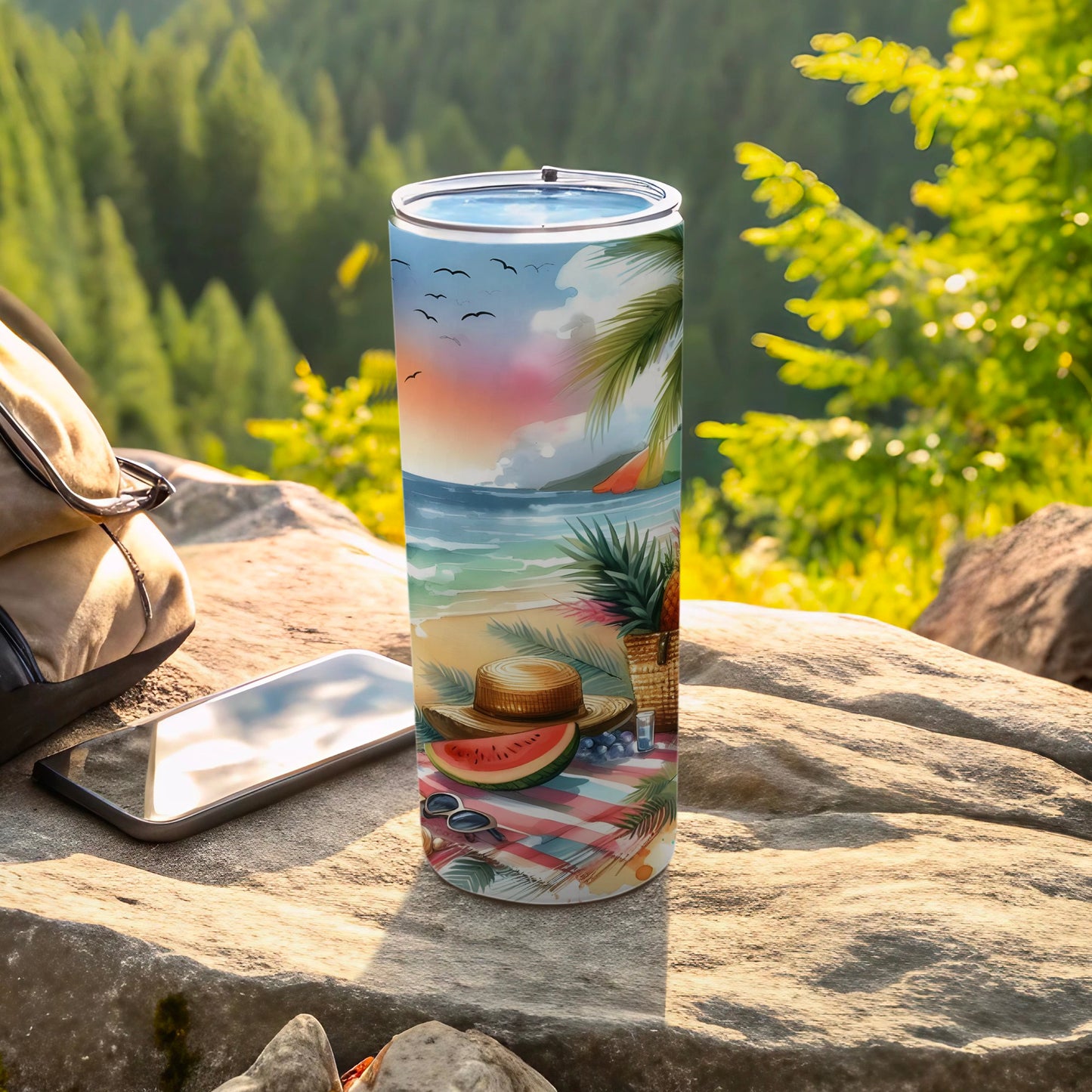 Tumbler with beach scene, palm tree, pineapple, watermelon, and hat.