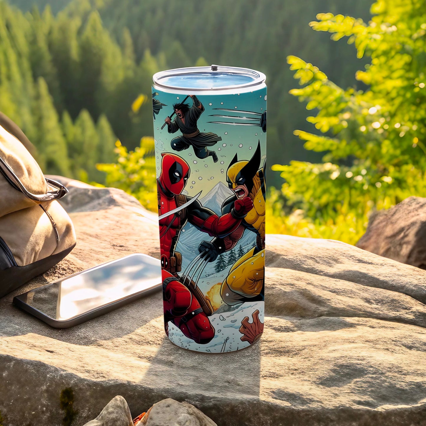 Vibrant Superhero Battle Artwork Travel Tumbler