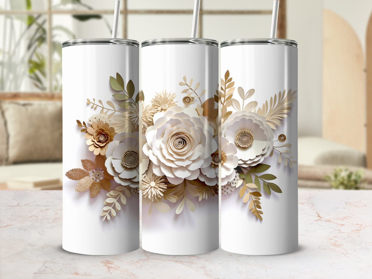 Elegant Floral Design Tumbler with Golden Accents