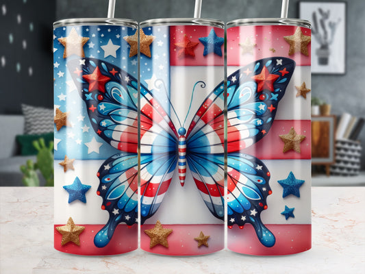 American flag butterfly tumbler with gold stars.