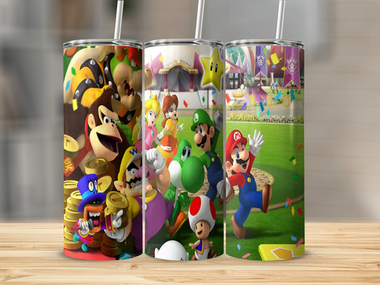 Super Mario characters on three colorful tumblers with game scenes.