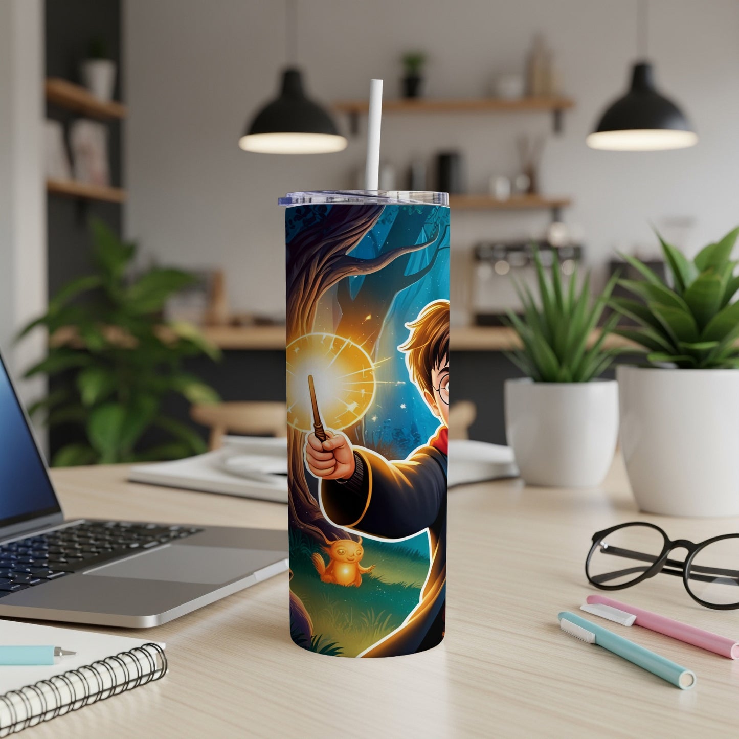 Harry Potter character conjuring a spell on a cylindrical tumbler with straw.