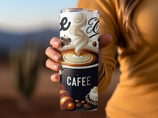 Stylish Coffee Artwork on Insulated Travel Tumbler