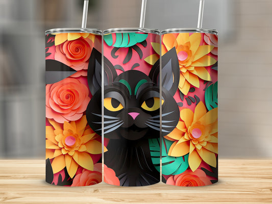 Three tumblers with a black cat surrounded by colorful paper flowers and leaves.