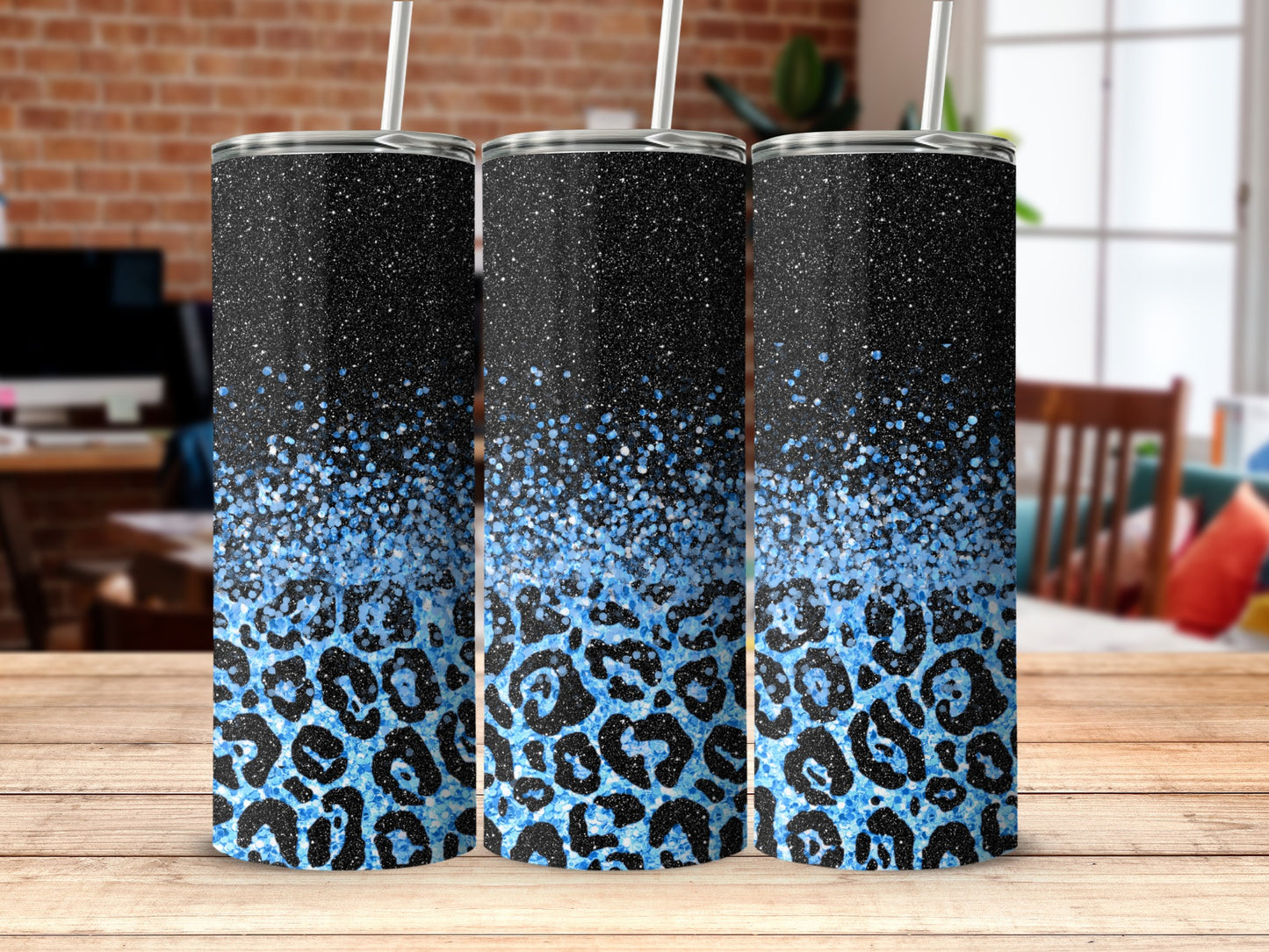 Sparkling Blue and Black Leopard Print Tumbler
