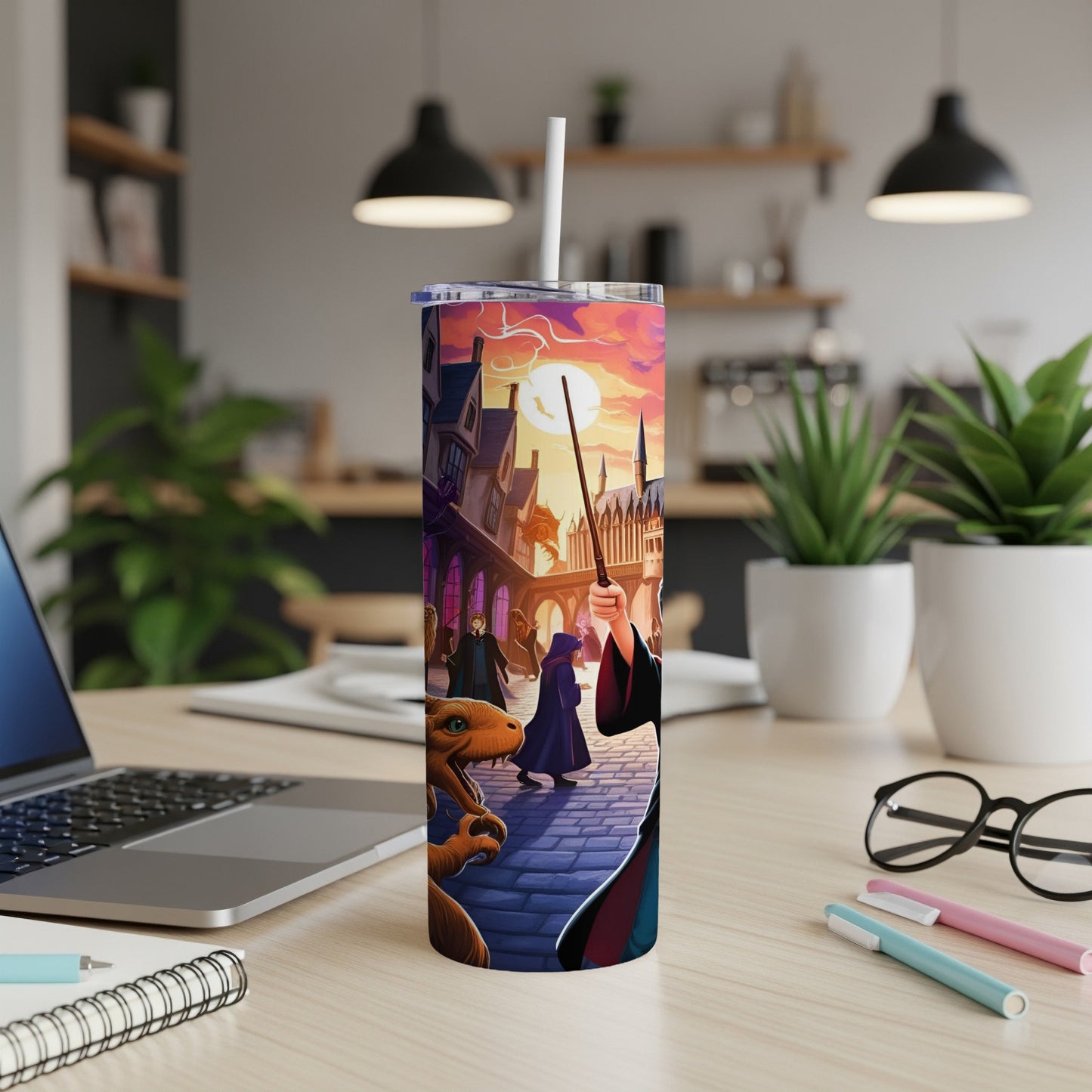 Wizard and dragon illustration on a white tumbler with straw.