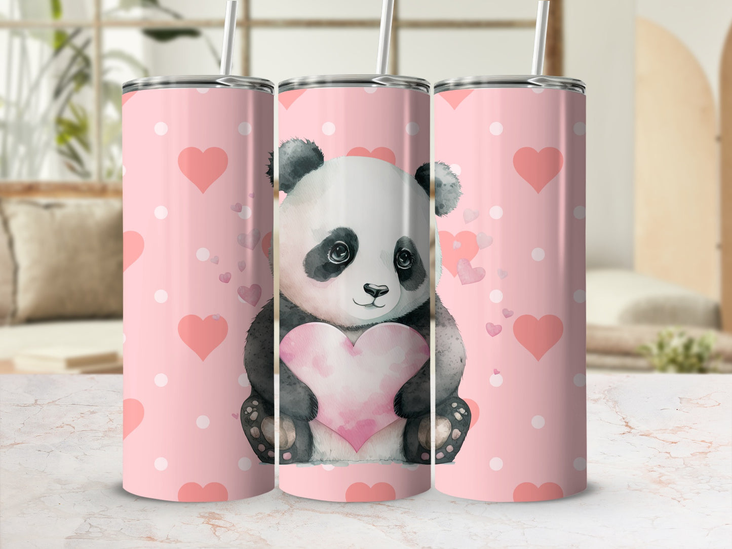 Adorable Panda with Hearts Pink Long Flask