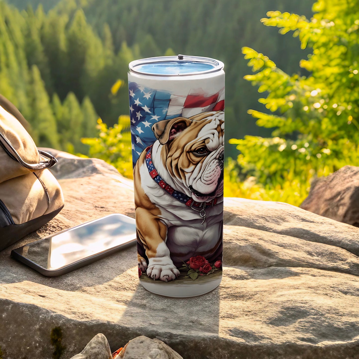 Bulldog wearing a collar with American flag background on a tumbler.