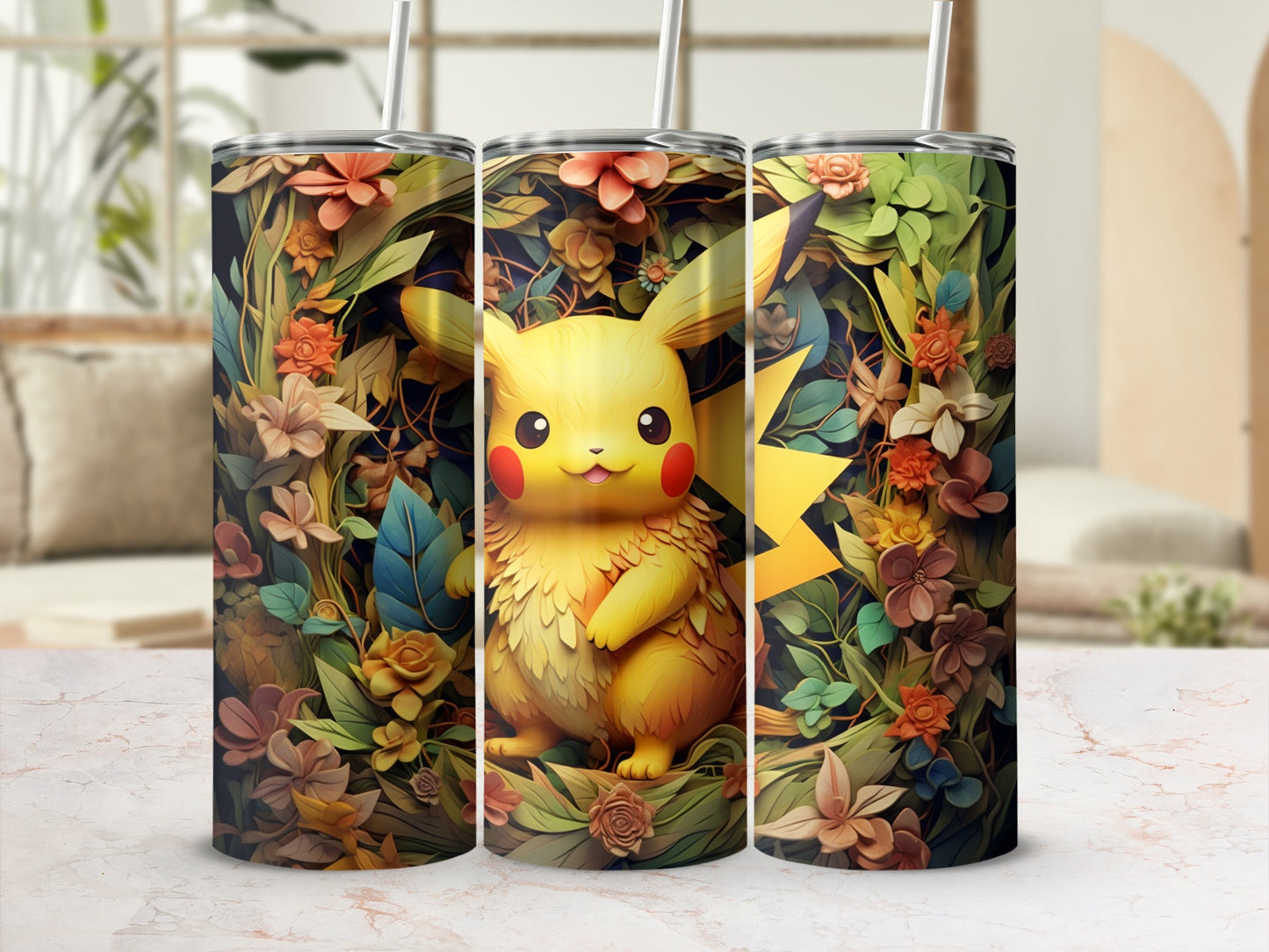 Adorable Pikachu Floral Patterned Tumbler for Kids