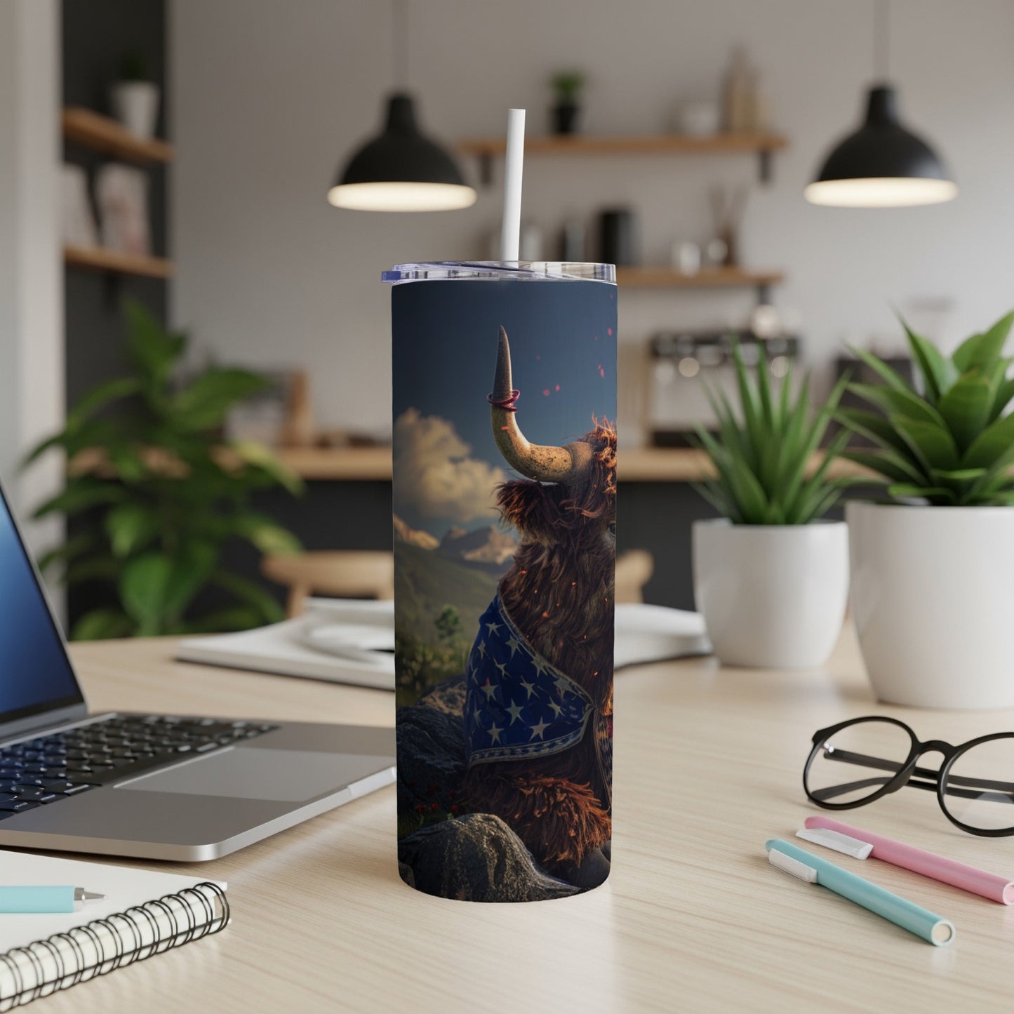 Fluffy bison wearing a USA flag bandana stands on rocks, a tumbler mockup.