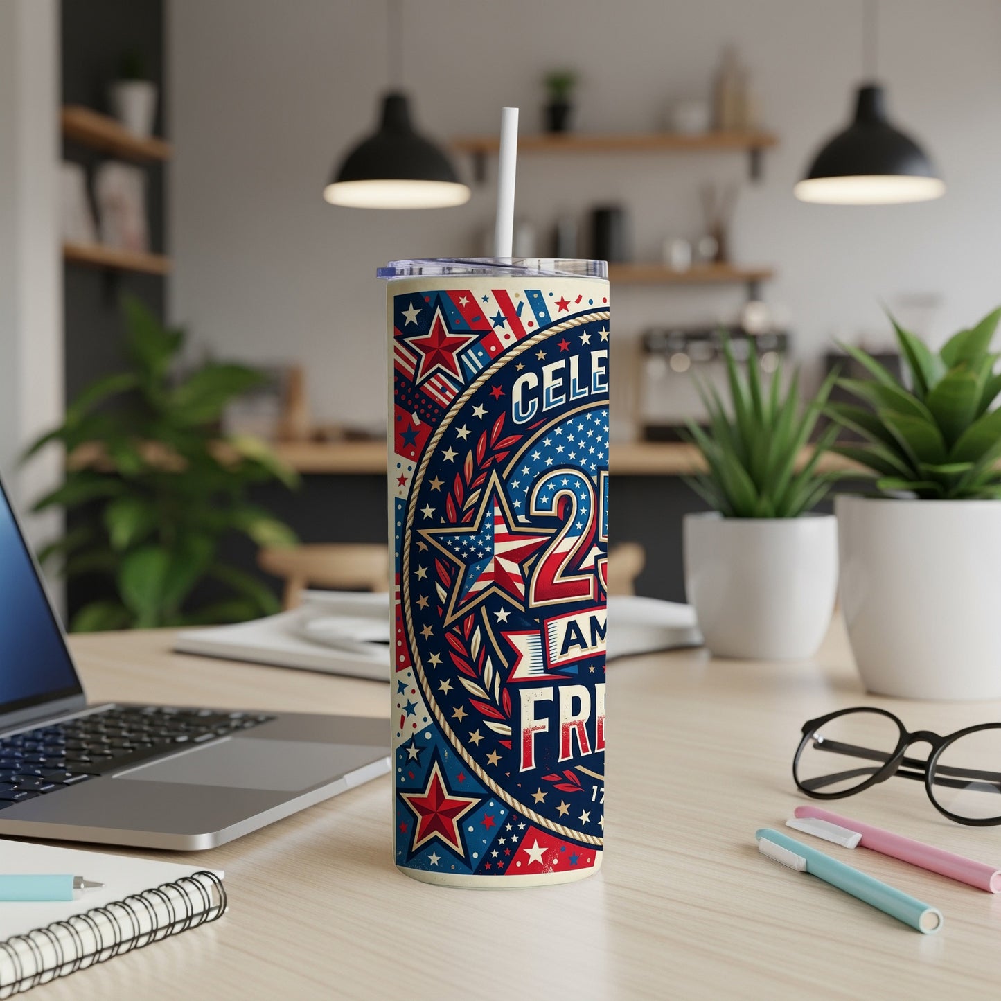 Red, white, and blue patriotic tumbler with stars and "Celebrate 2A Freedom".
