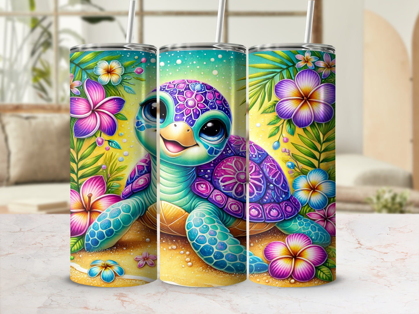 Colorful Floral Turtle Design Steel Tumbler Product