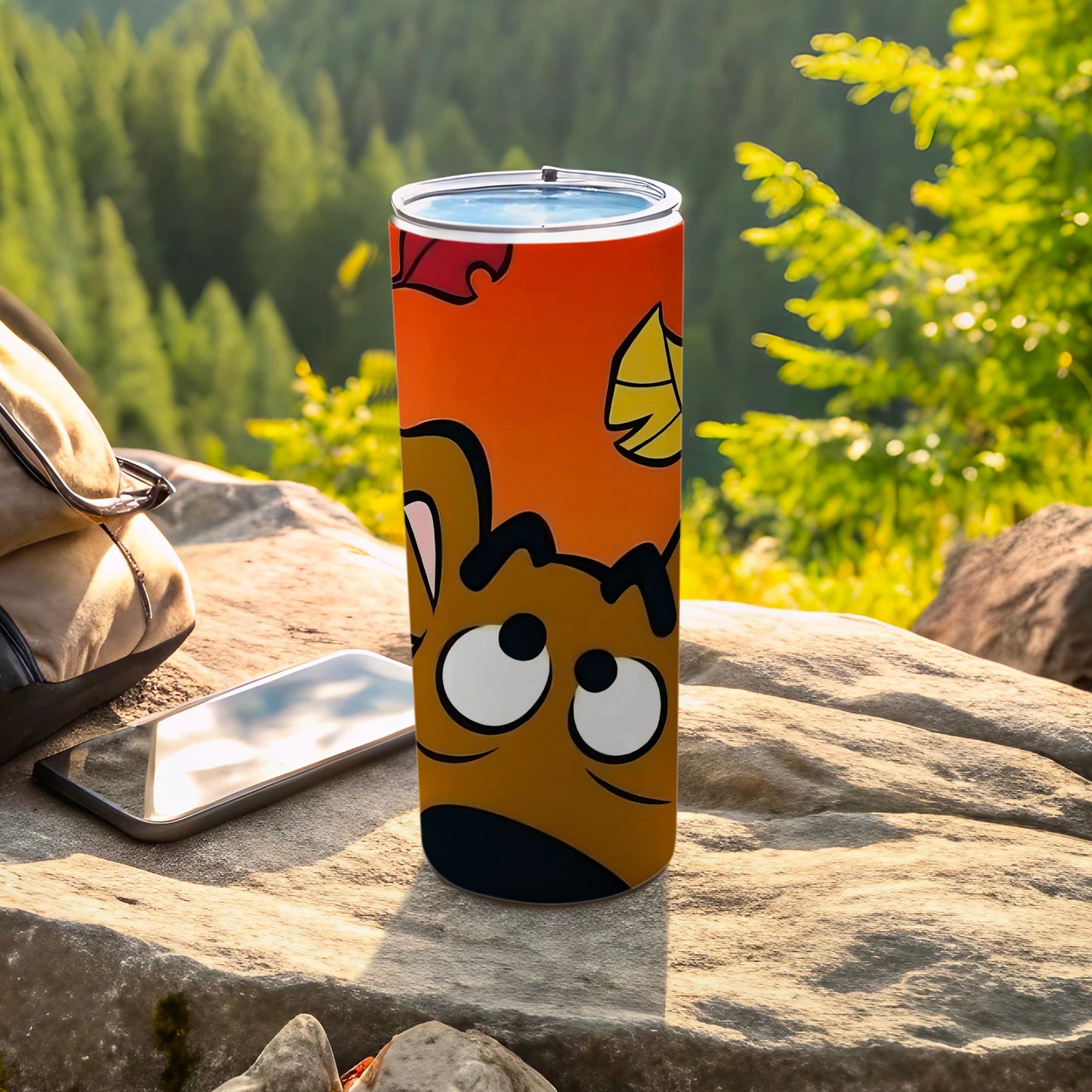 Scooby-Doo tumbler with cartoon face and falling leaves design.
