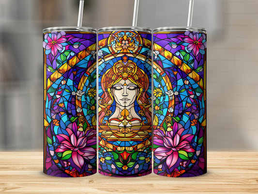 Stained glass design of a goddess with lotus flowers on three tumblers.