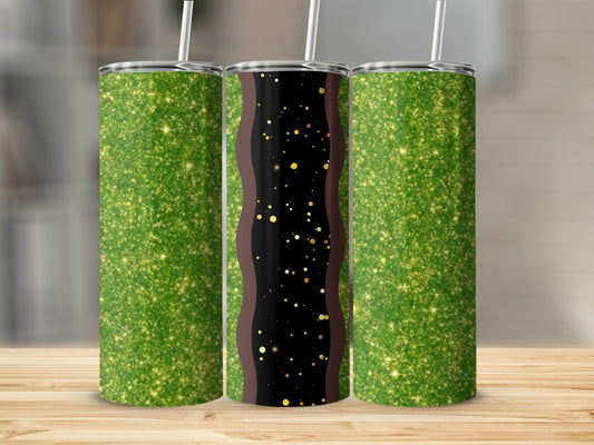 Three glitter tumblers with a black and gold wavy design in the center.