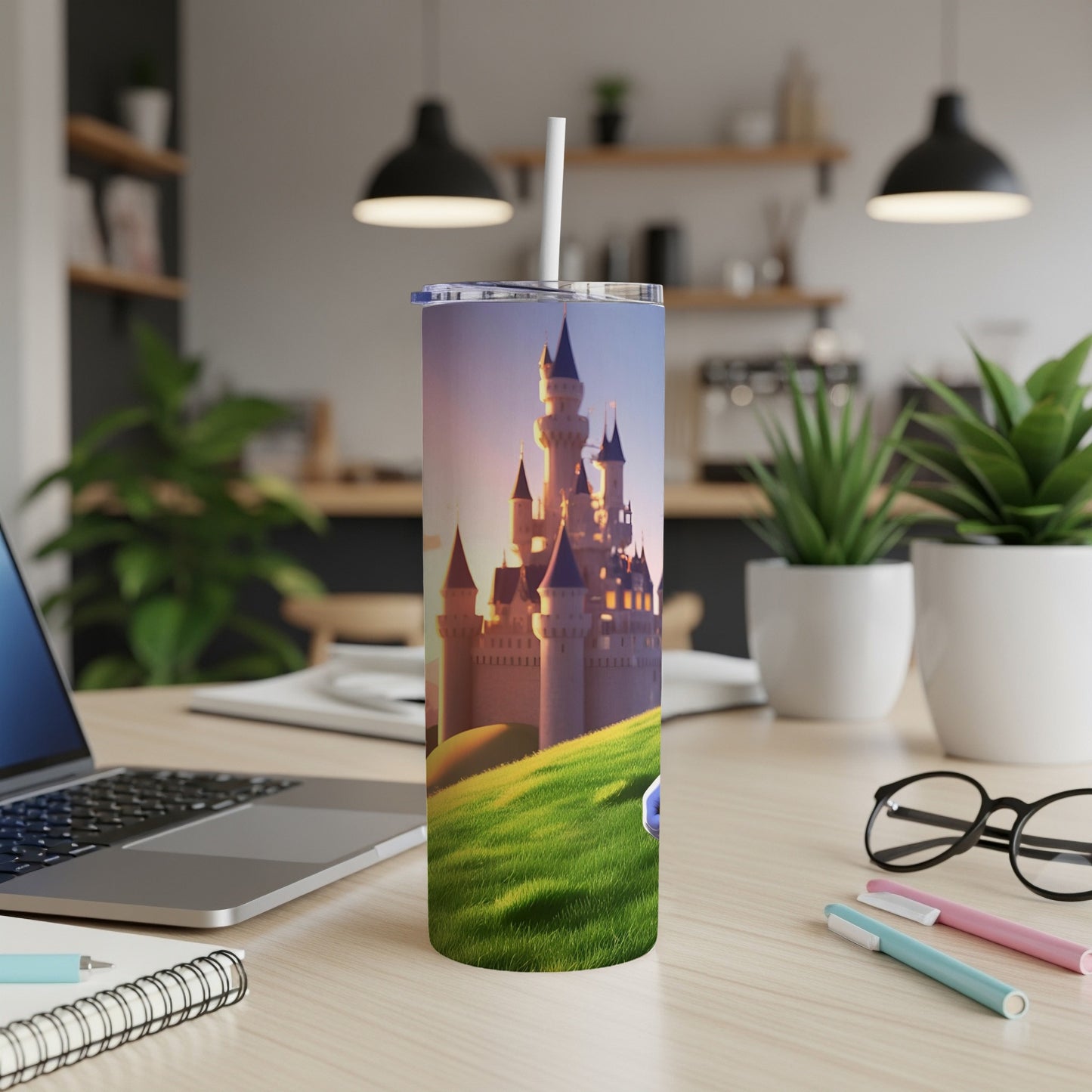 Castle on grassy hill with blue sphere, Disney-style tumbler on desk.