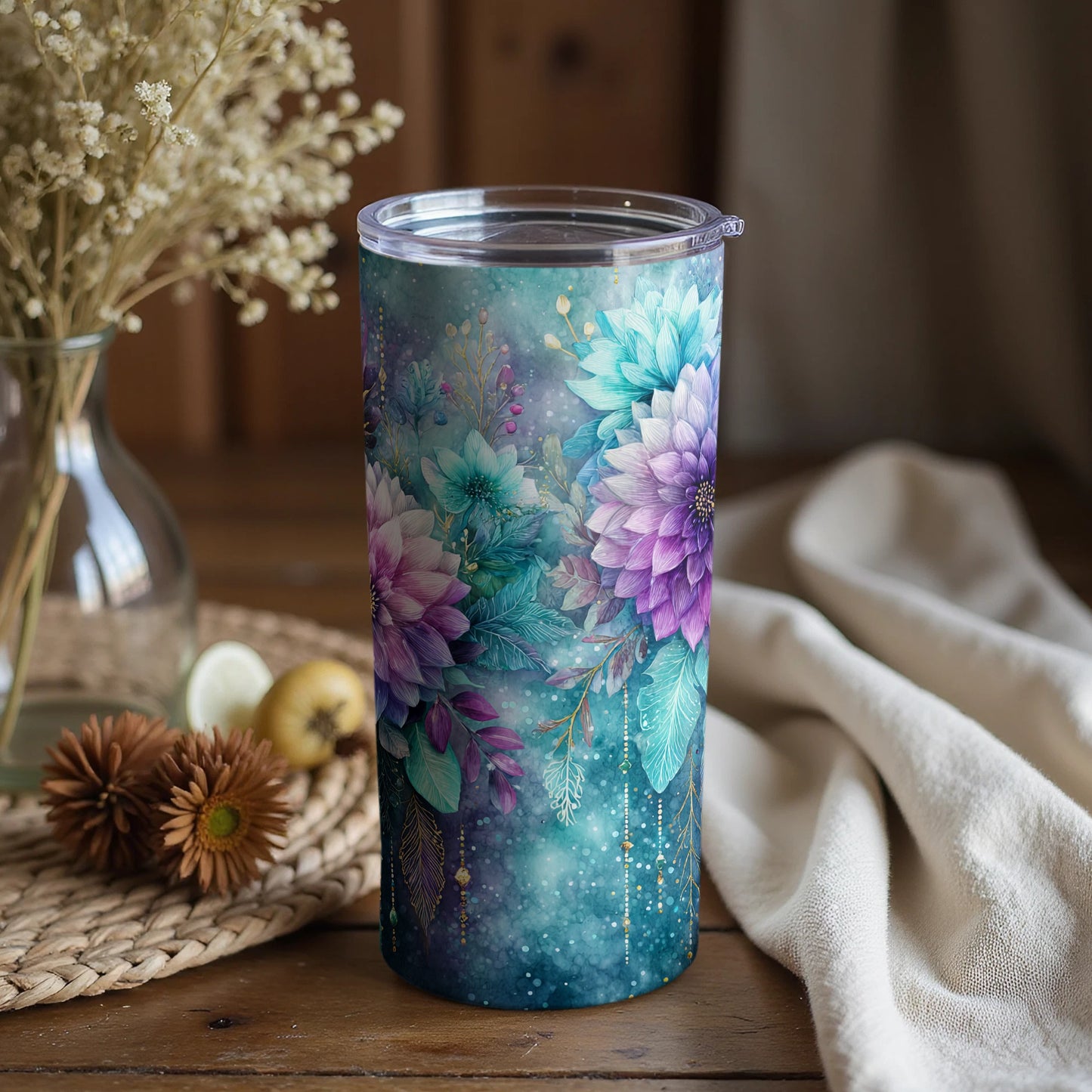 Elegant Floral Tumbler with Purple and Teal Blooms Design