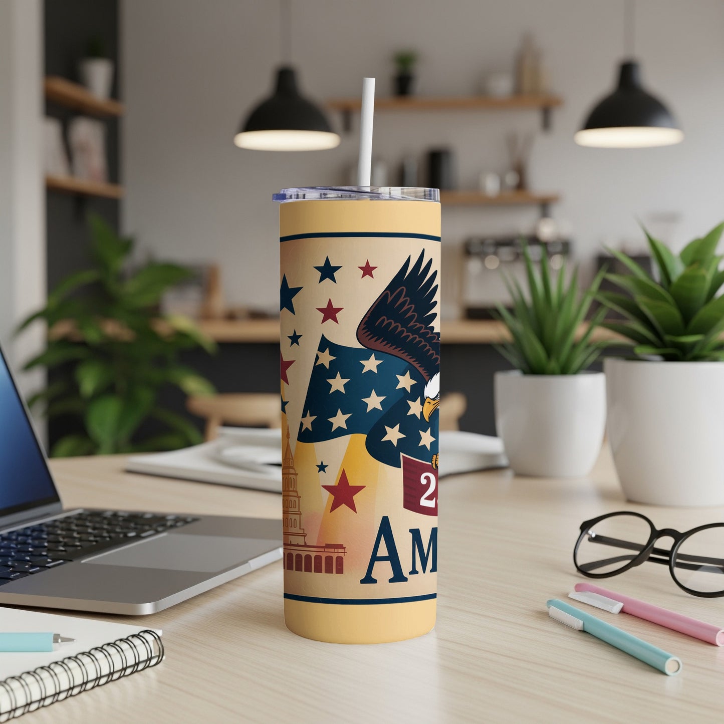 Patriotic tumbler with eagle, American flag, stars, and "America" text.
