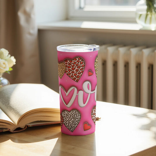 Pink Tumbler with Hearts and Leopard Print Design