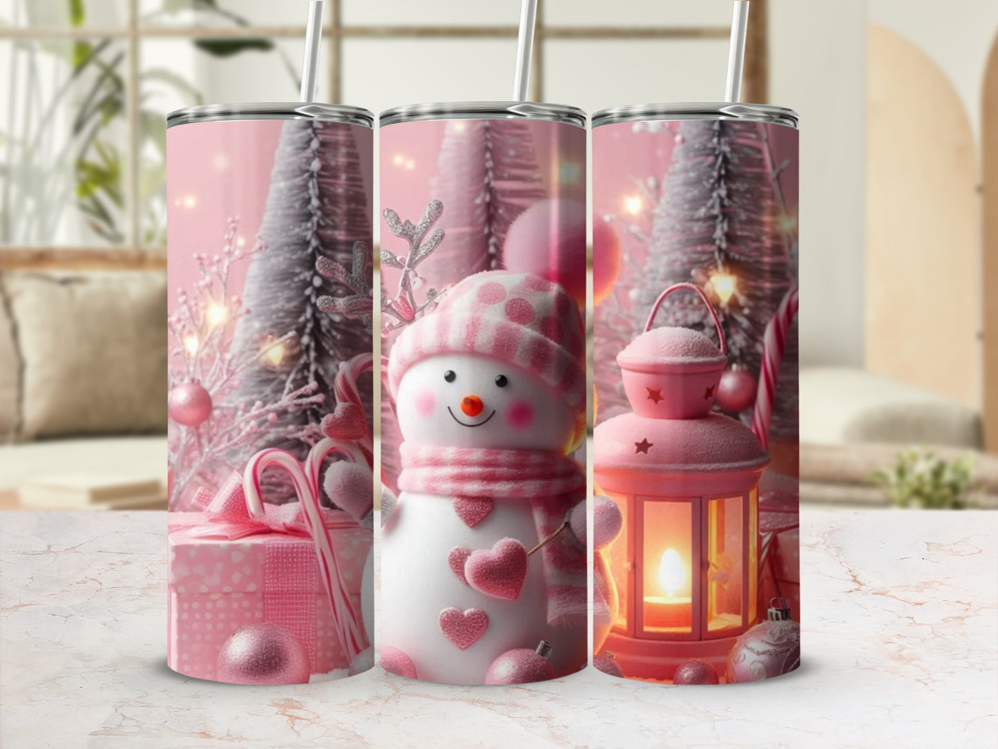 Festive Holiday Tumbler with Snowman and Lantern Design