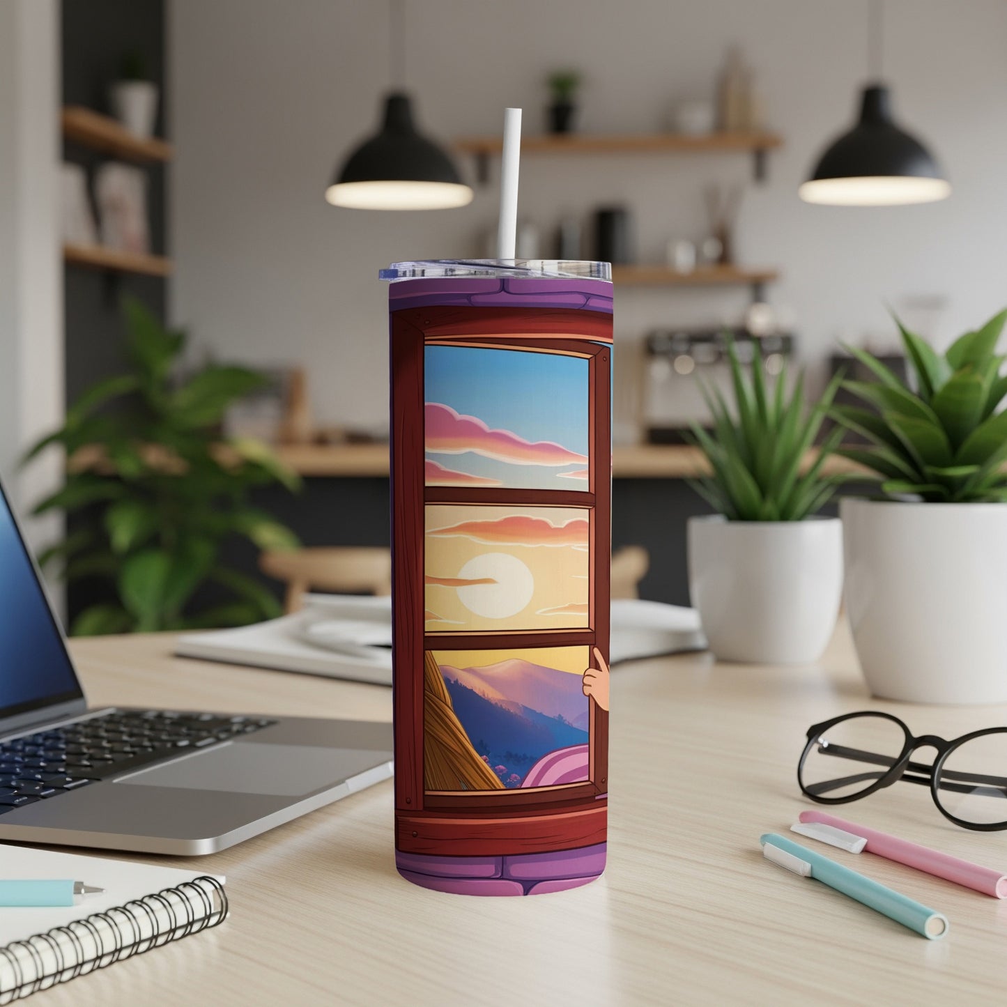 Tumbler featuring a sunset landscape scene with a person's hand reaching out a window.