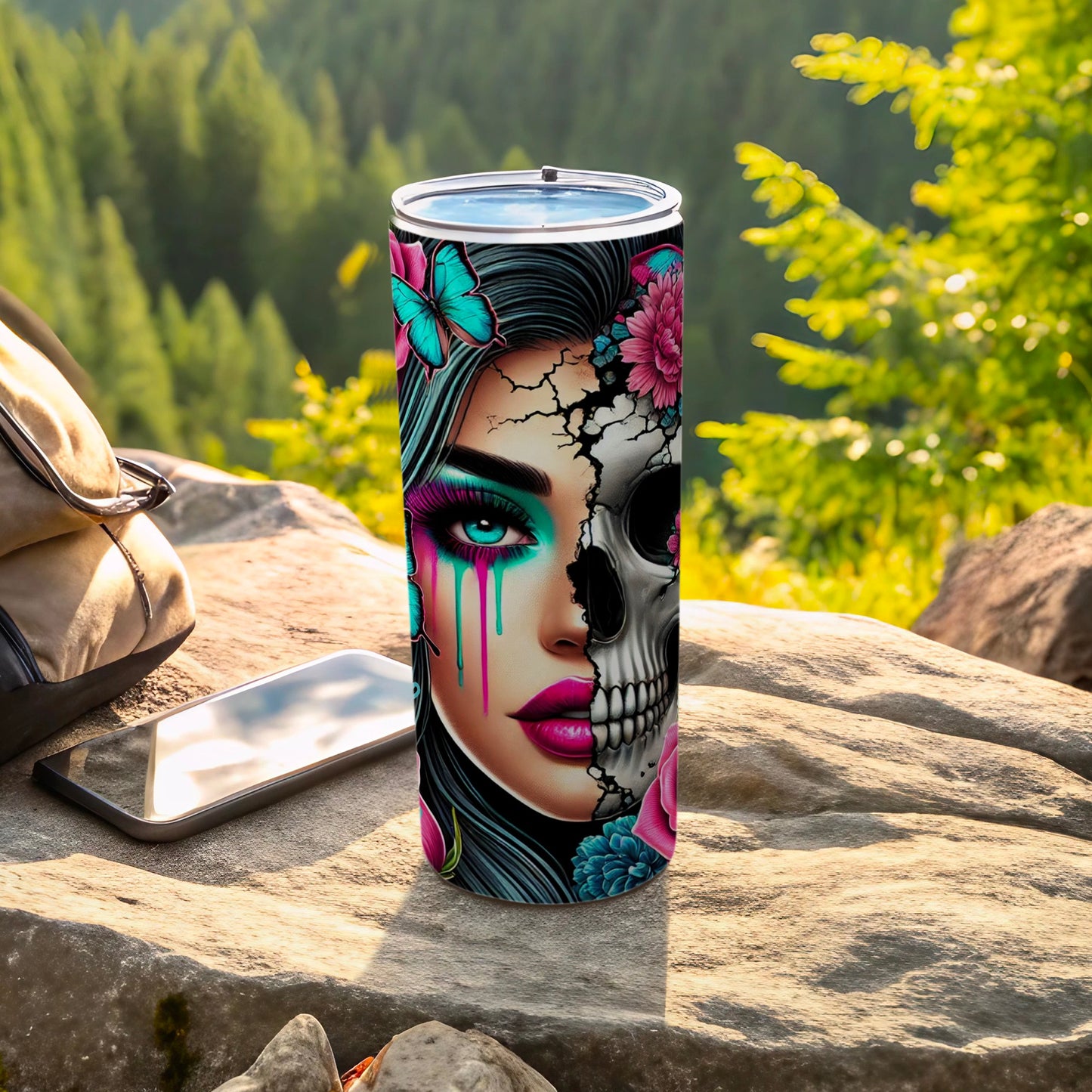 Colorful Woman Skull Butterfly Flowers Artistic Tumbler product type
