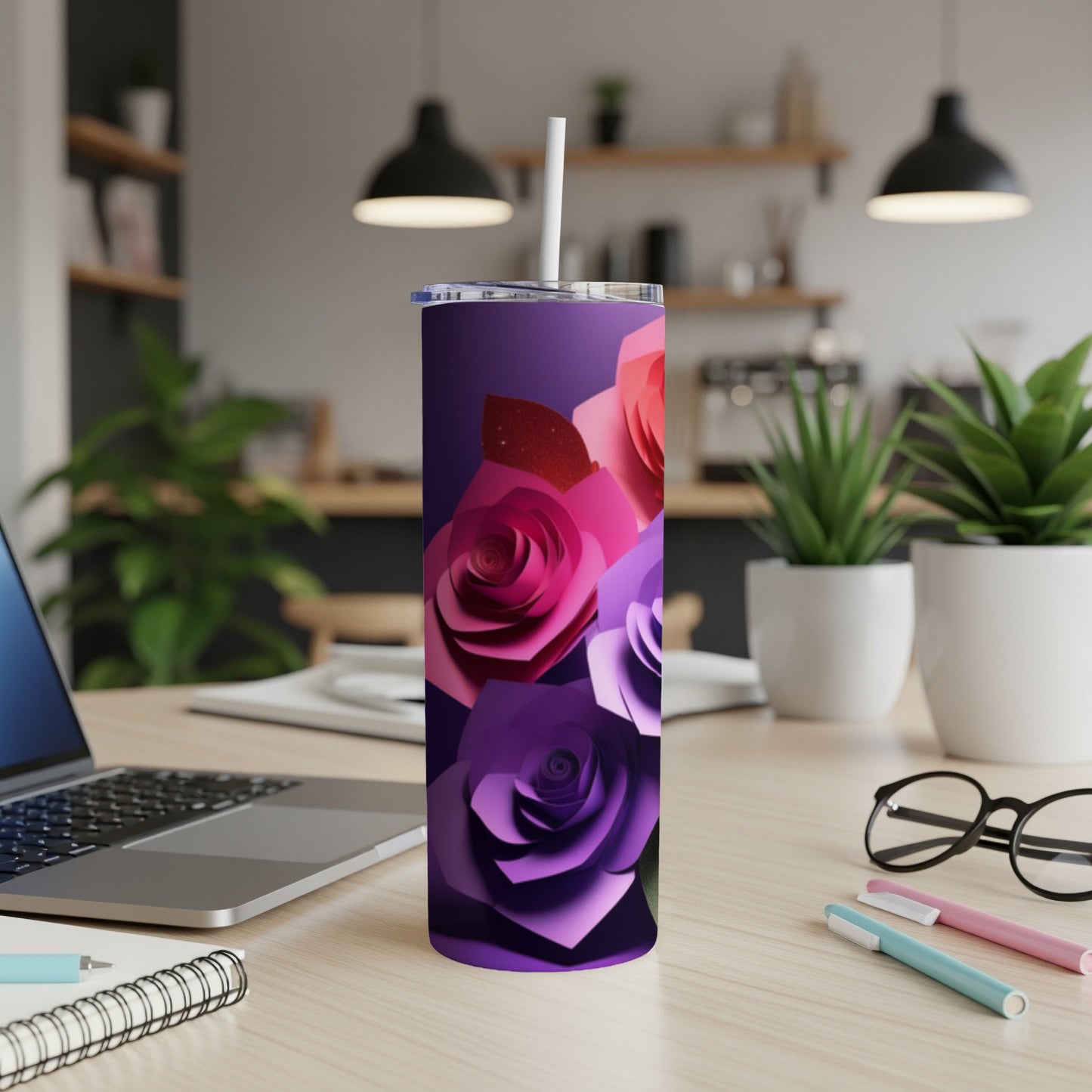 Purple tumbler with a floral rose design, white straw.