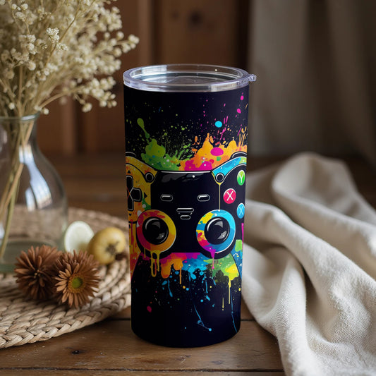 Vibrant Video Game Controller Splatter Design Tumbler