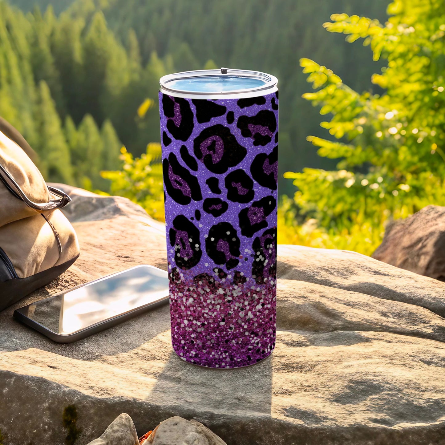 Purple Glitter Leopard Print Travel Tumbler product