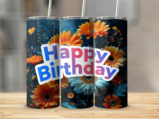 Birthday tumbler with orange and white flowers and gradient text.