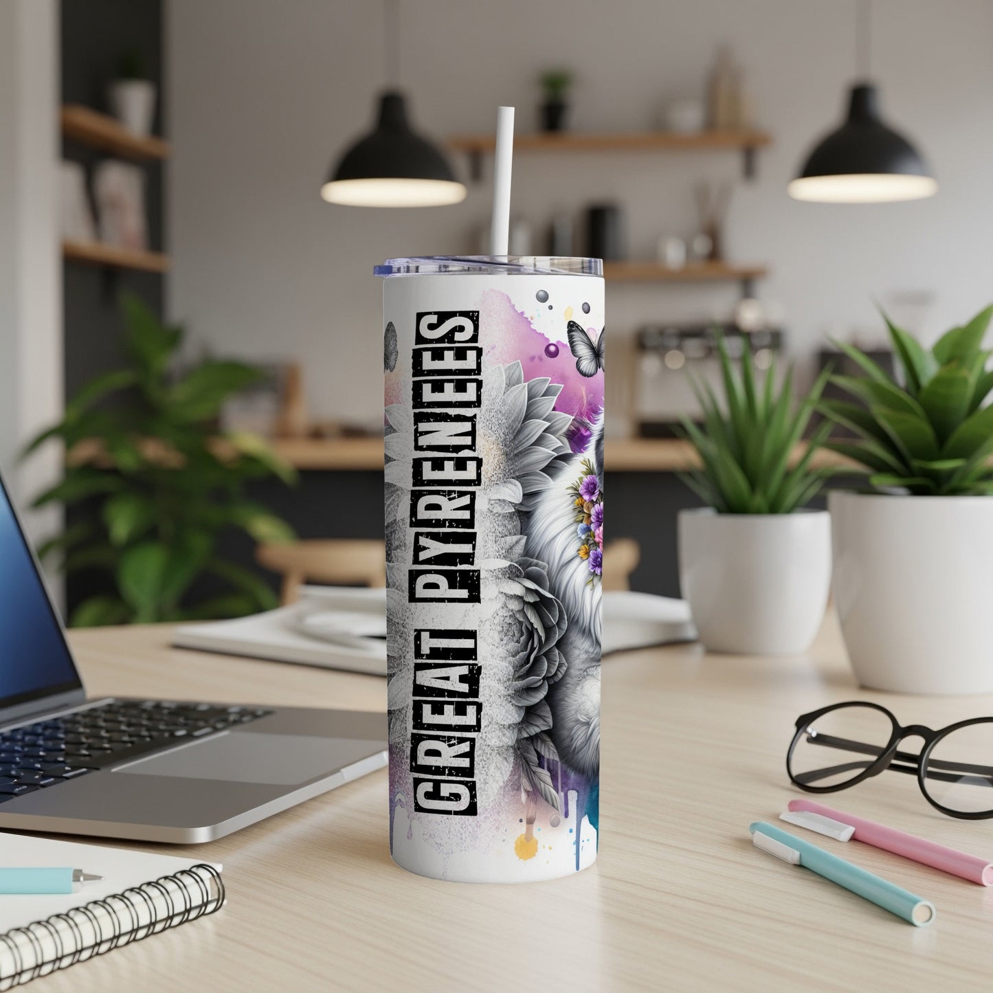 Great Pyrenees tumbler with floral and butterfly design.