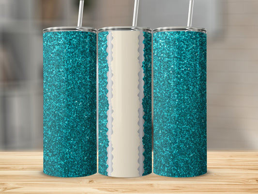 Three teal glitter tumblers with white straws on a wooden surface.